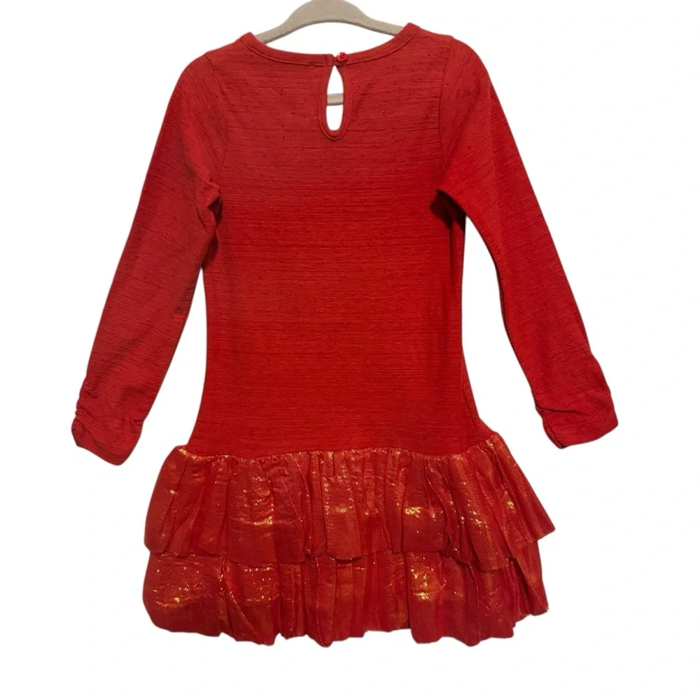 Sophie Catalou Dress Double Flounce Red L/S Floral Applique Metallic Ruffle 6